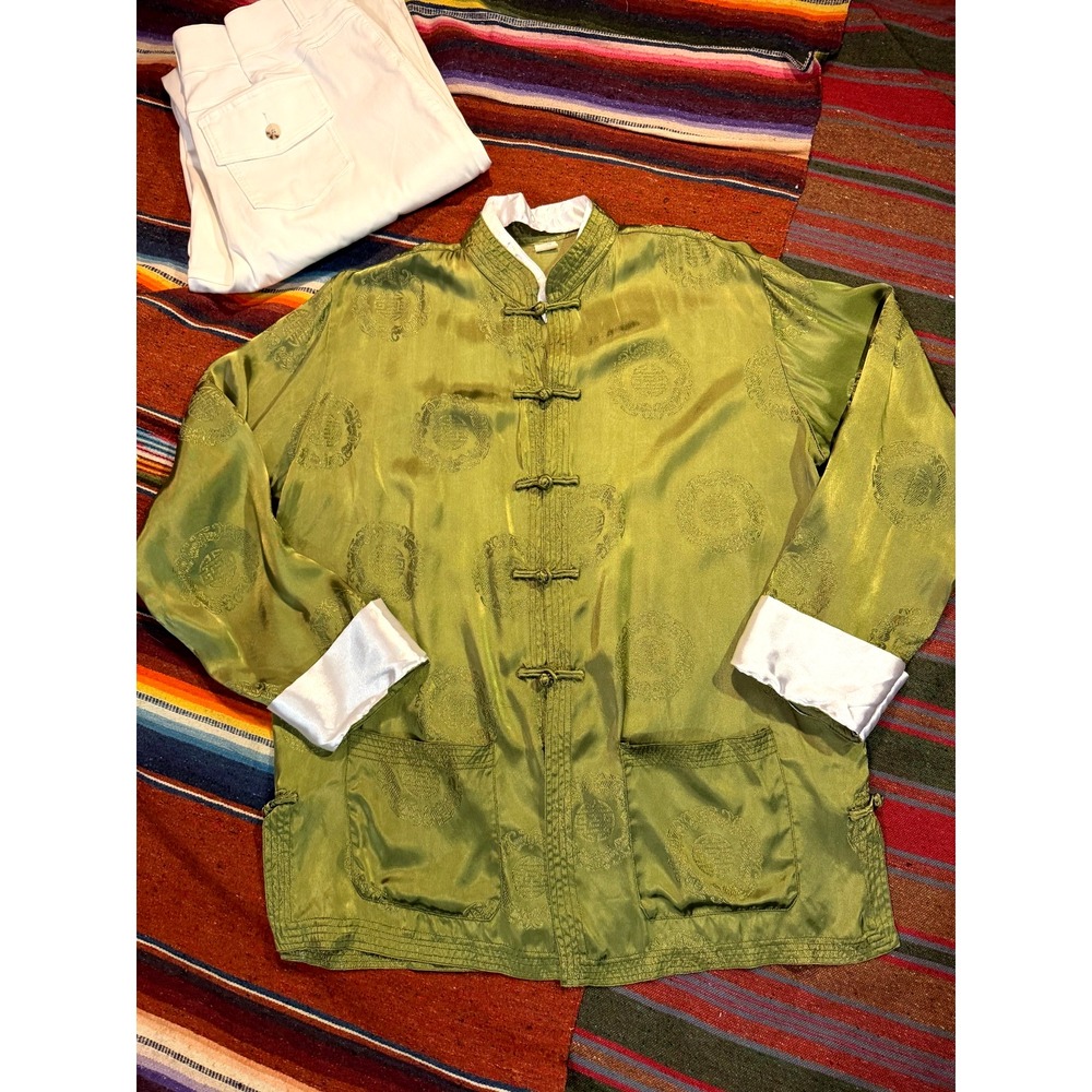 Asian Kimono Green Satin Jacket Size 3X Long Sleeved with White Cuffs